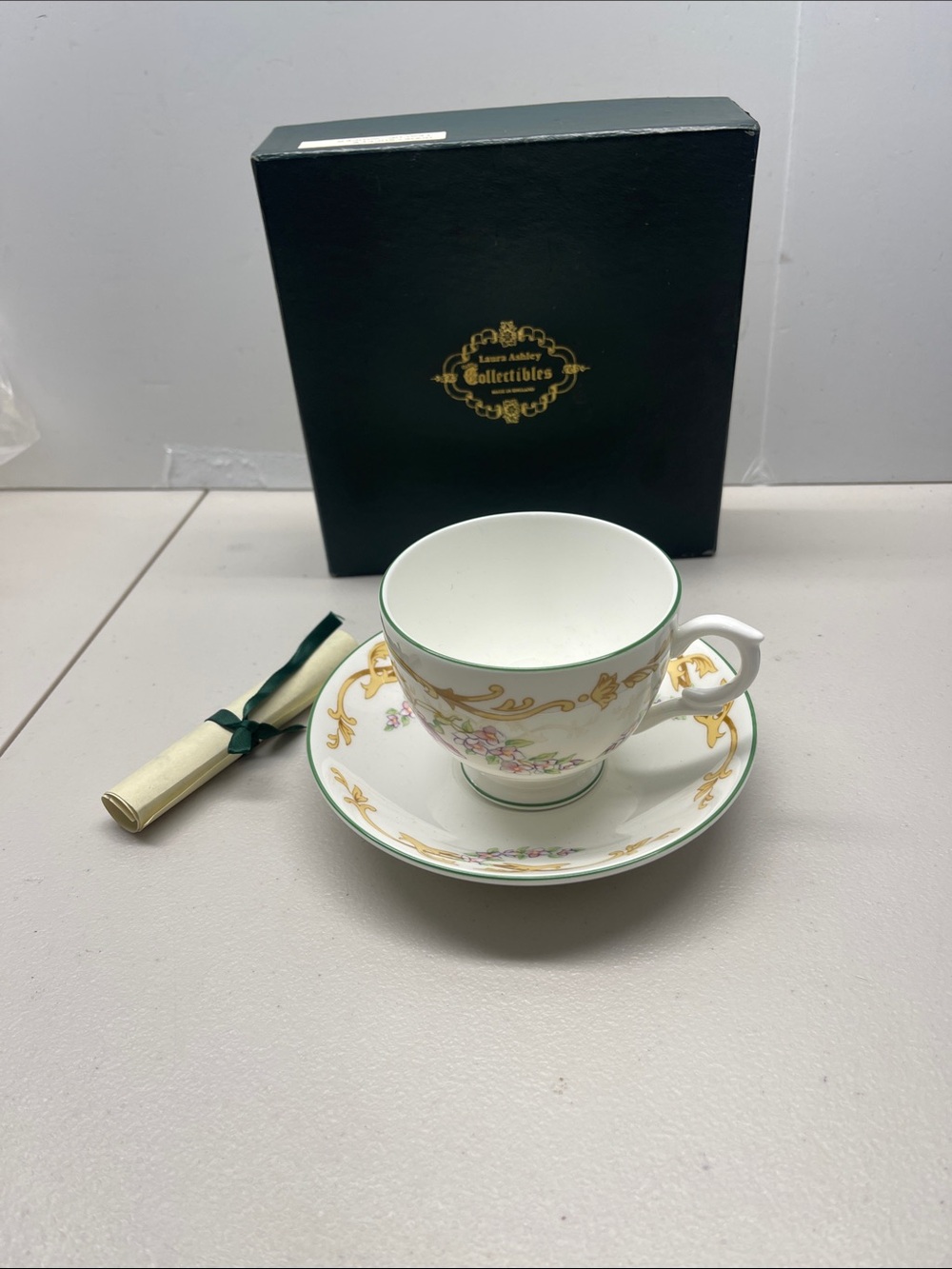 Laura Ashley White Porcelain Collectibles Tea Cup and Saucer ( Honey Suckle)